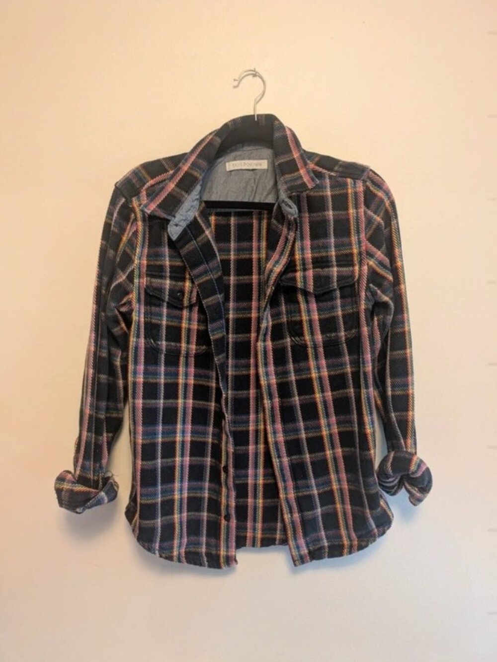 Women’s Black Plaid Button-Down Shirt with Multicolor Rainbow Stripes S